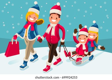 Christmas shopping holiday for winter family vacations smiling parents and children sled isometric people in isometric cartoon style vector illustration