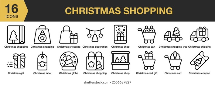 Christmas Shopping icon set. Includes shop, decoration, cart, tree, shipping, coupon, gift, globe, and More. Outline icons vector collection.