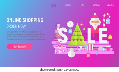 Christmas Shopping Landing Page - Online Holidays Purchases Template. Modern Flat Design – Shopping Boxes and Bags near Big Letters Sale. Vector Illustration for Mobile Apps and Web Site.