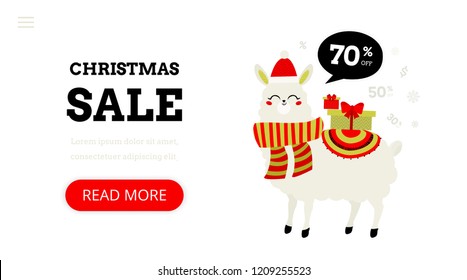 Christmas shopping. Landing page template. Modern flat  concept with  llama and gift boxes. Sale. Online shopping. 