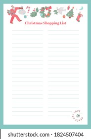 Christmas Shopping List Printable with cute Santa Claus, Christmas tree, wreath, sock and holly leaves Illustration.