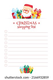 Christmas Shopping List template. Cute organizer with a funny cartoon Santa Claus and gift boxes. Vector 10 ESP.
