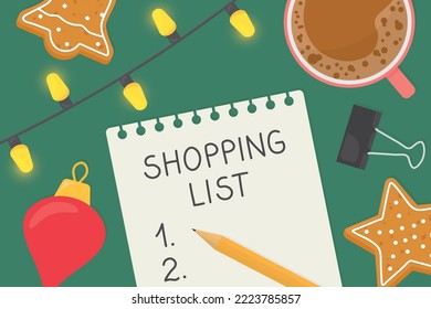 lista de compras de navidad escrita en una hoja de papel con café, luces, bauble, galletas de pan de jengibre, ilustración de lápiz-vector