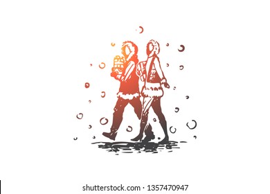 Christmas, shopping, man, woman, gifts concept. Hand drawn couple walking with gifts in hands concept sketch. Isolated vector illustration.