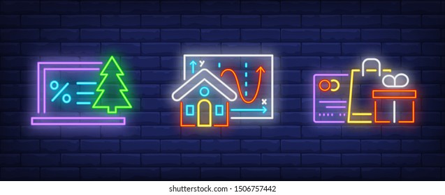 Christmas shopping neon sign set. Discount, credit card, gift box, map. Vector illustration in neon style, bright banner for topics like New Year sale, special offer, online store