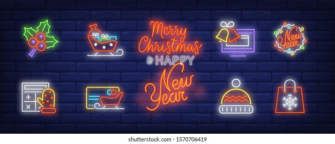 Christmas shopping neon sign set. Credit card, sleigh with gifts, computer. Vector illustration in neon style, bright banner for topics like New Year sale, special offer, online store