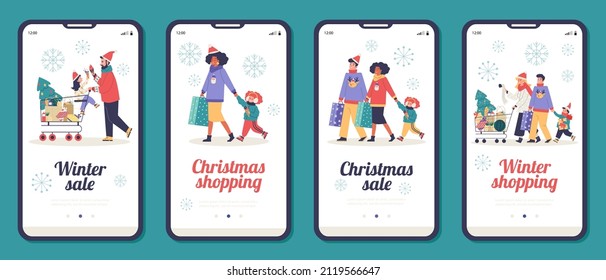 Christmas shopping onboarding screens set, flat cartoon vector illustration. Christmas winter sales and discounts advertising page layout for mobile phone app.