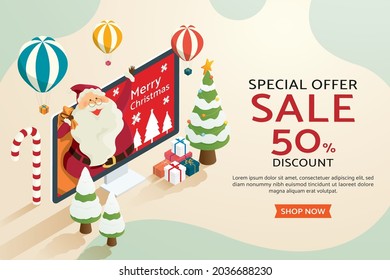 Christmas shopping online. Santa claus with christmas tree gift box. Christmas sales and offers on web banners. isometric vector illustration.
