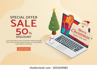 Christmas shopping online. Santa claus with christmas tree gift box. Christmas sales and offers on web banners. isometric vector illustration.