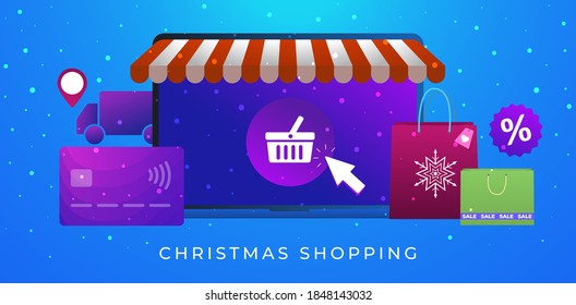 Christmas shopping, online winter holiday special offers, sale and discounts. Ecommerce digital marketing strategy. Laptop with online store, colorful christmas shopping bags. Snowy xmas vector banner