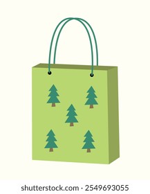 Christmas shopping paper bag vector element.
Christmas gift bag flat stock illustration.
Christmas shopping bag with Christmas tree pattern printed on it.