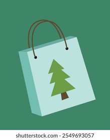 Christmas shopping paper bag vector element.
Christmas gift bag flat stock illustration.
Christmas shopping bag with Christmas tree pattern printed on it.