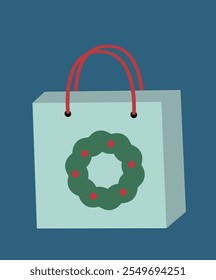 Christmas shopping paper bag vector element.
Christmas gift bag flat stock illustration.
Christmas shopping bag with wreath pattern printed on it.