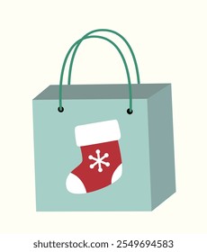 Christmas shopping paper bag vector element.
Christmas gift bag flat stock illustration.
Christmas shopping bag with Christmas stocking pattern printed on it.