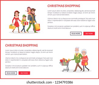 Christmas shopping poster, family mother, father small daughter and son. senior couple grandmother and grandfather at shop together, bags full of presents