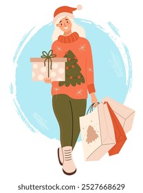 Christmas Shopping, sale. Happy blonde girl in Santa hat in Xmas sweater with New year packages and gift box. Vector illustration. Holiday shopper character, seasonal lifestyle