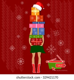 Christmas shopping christmas sale her hands are full of nicely wrapped christmas gifts holidays concept vector illustration 
