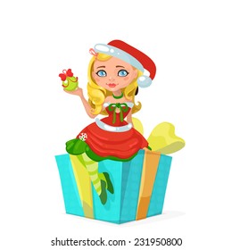Christmas shopping Santa girl sits on gift box isolated on white background