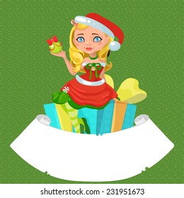 Christmas shopping Santa girl sits on gift box on color background