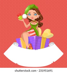 Christmas shopping Santa girl sits on gift box on color background