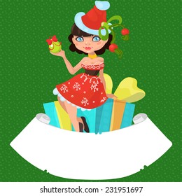 Christmas shopping Santa girl sits on gift box on color background