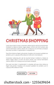 Christmas shopping, senior couple grandmother and grandfather at shop together. Elderly people with cart full of presents, wrapped gift boxes, vector
