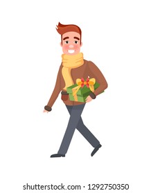 Christmas shopping smiling and going man with red hair. Green present with big bow, yellow scarf and brown sweater with blue trousers and shoes vector