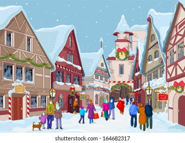 Christmas shopping street at winter day