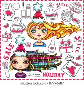 Christmas shopping theme: vector illustration of a pretty girls with  beautiful hair and lots of Christmas presents for ladies