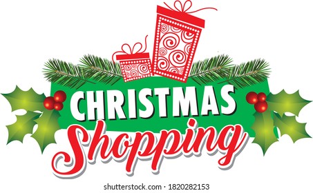 Christmas shopping typography with cherries and  holy leaves