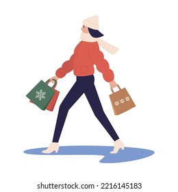 Christmas shopping vector illustration. Flat character - young woman wearing winter jacket, scarf and beanie hat - holding shopper bags with snowflake ornament. Holiday season concept.