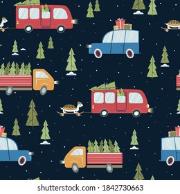 Christmas shopping vector seamless pattern. Green fir tree and presents on a car roof, Christmas trees in the truck. Background for gift wrap, fabric print and apparel design.