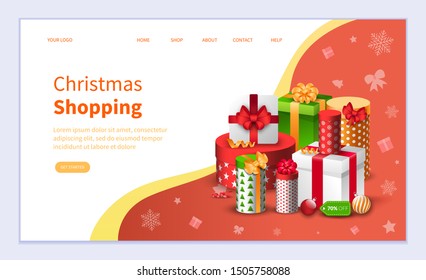 Christmas shopping vector, winter holidays preparation. Tradition of gifts exchanging. Buying gifts for xmas and New Year events celebration. Website or webpage template, landing page flat style