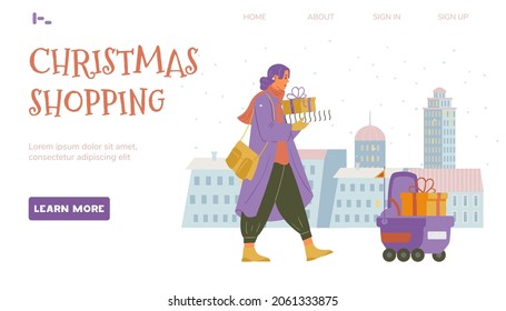 Christmas shopping web page vector template. Woman walking with gift boxes, delivery robot riding with present.