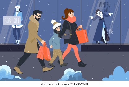 Christmas shopping with the whole family. Young people shop in the winter in the city walking near the showcases of clothing stores with big sales. Flat vector illustration