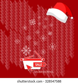 Christmas shopping winter sale snowflakes on red shopping basket santa hat internet shop online store e-commerce vector illustration 