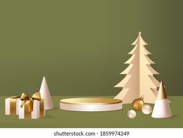 Escaparate navideño representado 3d con caja de regalo y plataforma de podio. El fondo verde del árbol de Navidad muestra la representación 3d con el podio de oro. Puesto de Navidad para mostrar el producto. Producto de muestra de fase