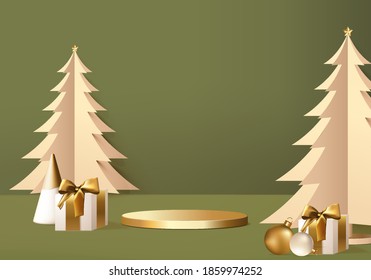 Christmas showcase rendered scene 3d with gift box and podium platform. Christmas tree green background showcase 3d render with gold podium. Christmas stand to show product. Stage showcase product