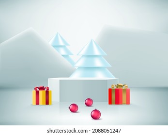 Christmas showcase with soft light and christmas elements. Realistic showcase. 3d style vector illustration 