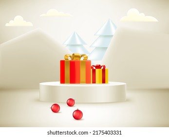 Christmas showcase with soft light and christmas elements. Realistic showcase. 3d style vector illustration 