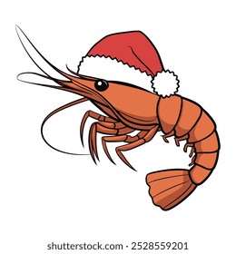 Christmas Shrimp with Santa Hat Cartoon Illustration