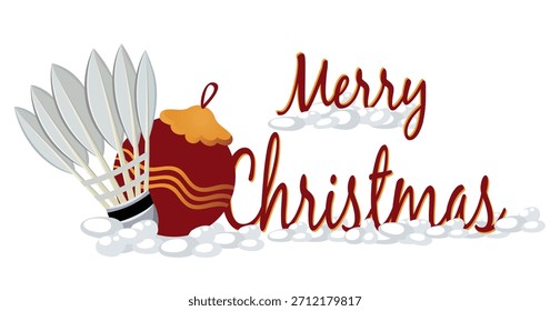Weihnachts-Shuttle-Penis umgeben von Kiefernzweigen, Holly und Band. Ideal für Weihnachtskarten, Wintergrafiken und sportlich-thematische Weihnachtskompositionen.