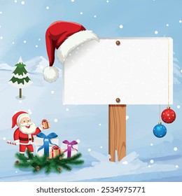 Christmas Sign, Blank Christmas winter sign, An illustration of a Christmas post template. snow flakes Christmas baubles, Featuring a Santa's hat. Vector File. Santa Claus nice list with Santa hat.