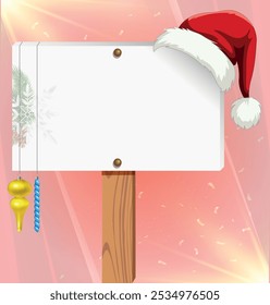 Christmas Sign, Blank Christmas winter sign, An illustration of a Christmas post template. snow flakes Christmas baubles, Featuring a Santa's hat. Vector File. Santa Claus nice list with Santa hat.