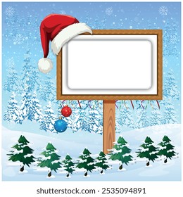 Muestra de Navidades, Muestra de invierno de Navidades en blanco, Una ilustración de una Plantilla de poste de Navidades, copos de nieve, chucherías de Navidades, Con un sombrero de Santa Claus, Santa Claus agradable cartelera para su mensaje.