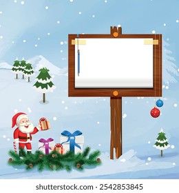 Christmas Sign, Blank Christmas winter sign, An illustration of a Christmas post template, snow flakes Christmas baubles, Featuring a Santa's hat, Santa Claus nice billboard for you message.