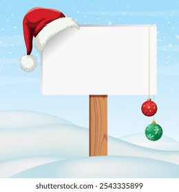 Christmas Sign, Blank Christmas winter sign, An illustration of a Christmas post template, snow flakes Christmas baubles, Featuring a Santa's hat, Santa Claus nice billboard for you message.