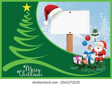 Christmas Sign, Blank Christmas winter sign, An illustration of a Christmas post template. snow flakes Christmas baubles, Featuring a Santa's hat. Vector File. Santa Claus nice list with Santa hat.