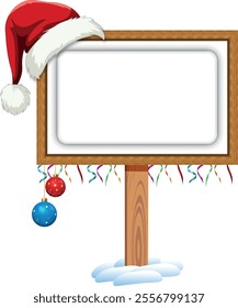 Christmas Sign, Blank Christmas winter sign, White Background Christmas baubles, Featuring a Santa's hat. Santa Claus nice billboard for you message. Vector File