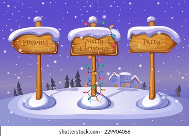 Christmas sign boards on winter background. EPS 10. Transparency. Gradients.